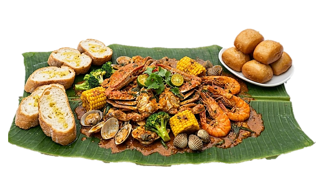 BBQ seafood platter on banana leaf